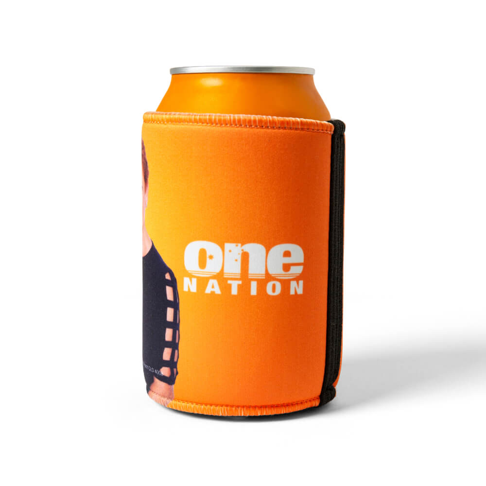 Side view of the orange stubby cooler showing the One Nation logo and black base
