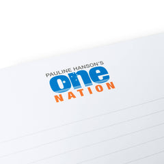 Close-up of the blue and orange Pauline Hanson’s One Nation logo on the note pad