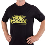 Man wearing the black “Pauline’s Dark Forces” T-shirt with yellow lettering