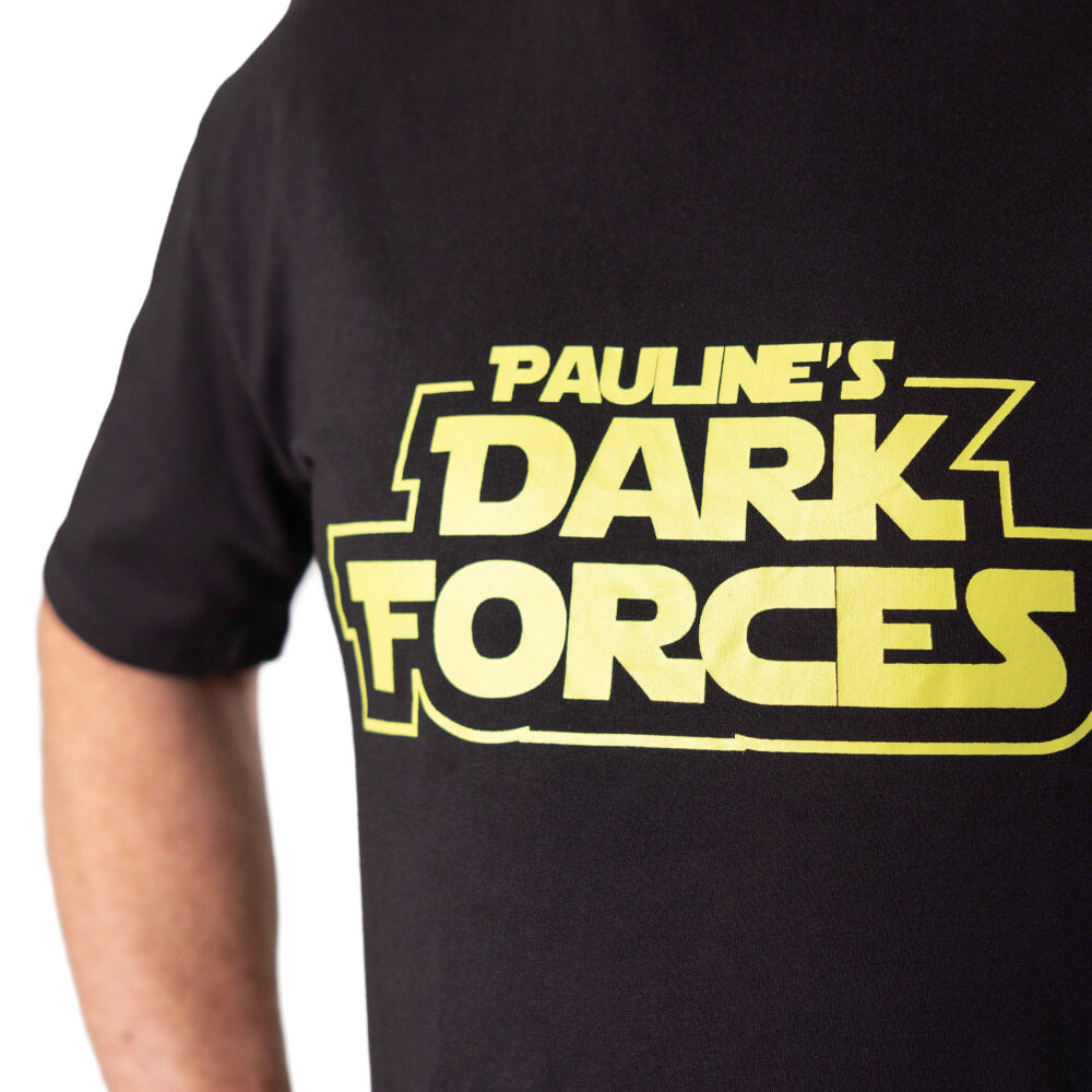 Side view of the black “Pauline’s Dark Forces” T-shirt
