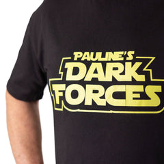 Side view of the black “Pauline’s Dark Forces” T-shirt