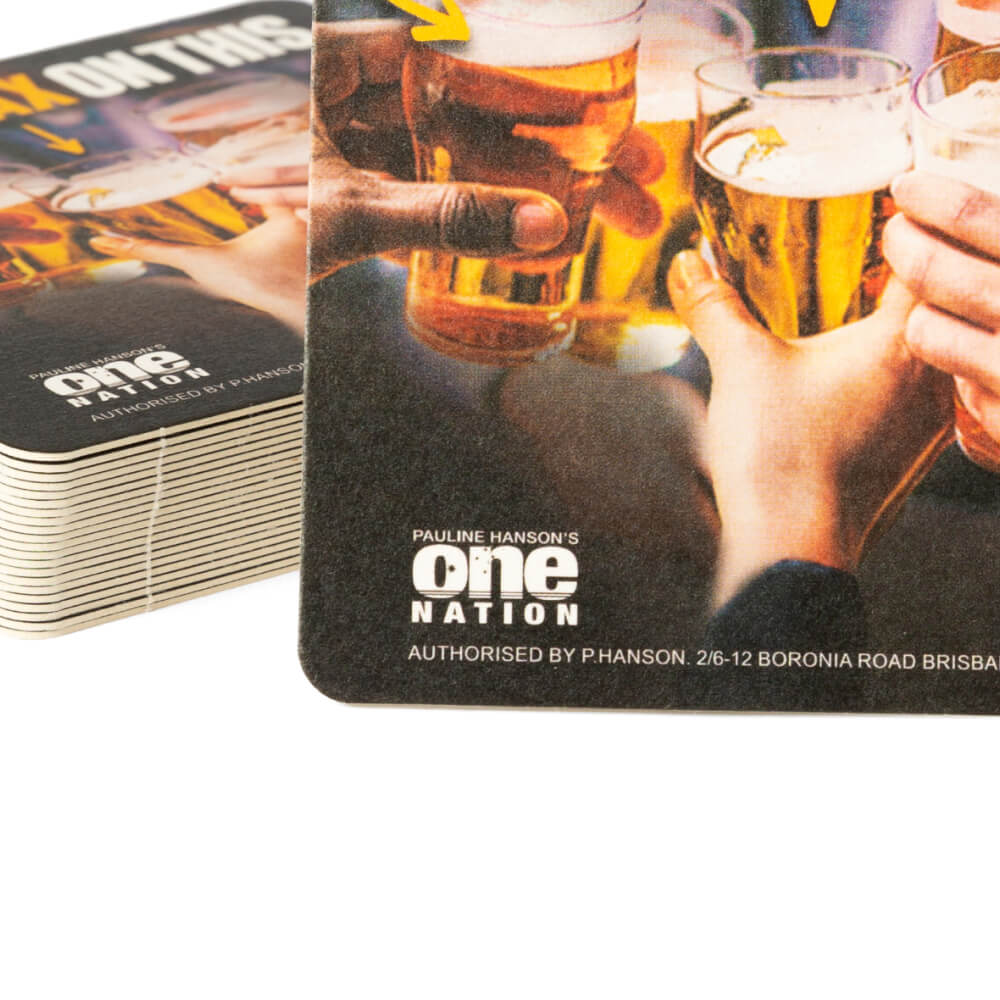 Remove Beer Tax coaster with beer glasses clinking and the One Nation logo