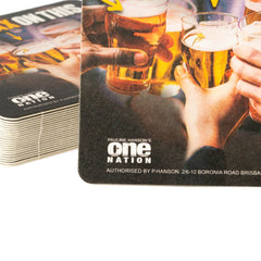 Remove Beer Tax coaster with beer glasses clinking and the One Nation logo