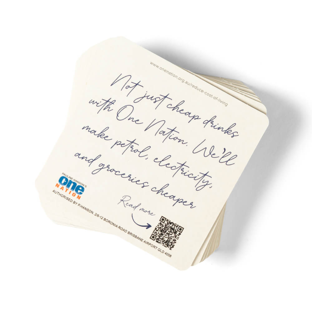 Back of the Remove Beer Tax coaster with a handwritten-style message and QR code
