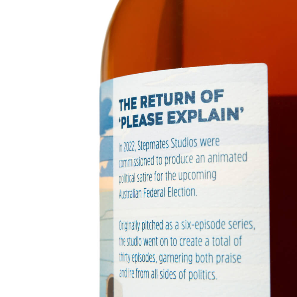 Back label of the Rum Nation bottle titled “The Return of ’Please Explain’”