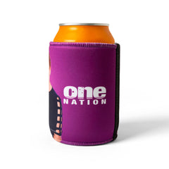 Purple stubby cooler showing the white One Nation logo
